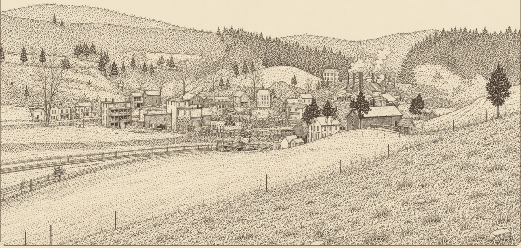 Engraved illustration of the Vernon Valley — hills, farms and village