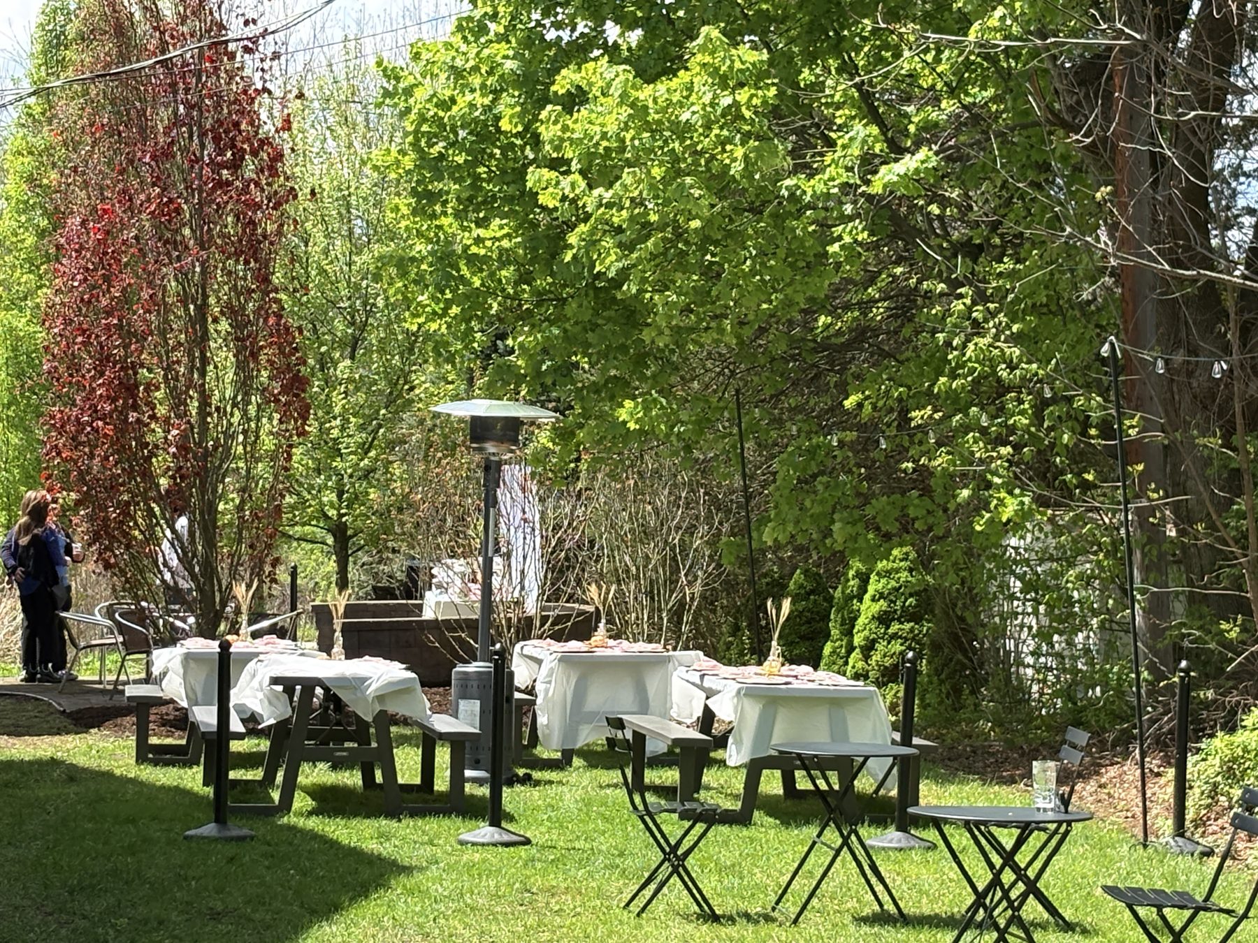 White-clothed tables set for an event in the private outdoor space, trees in full leaf